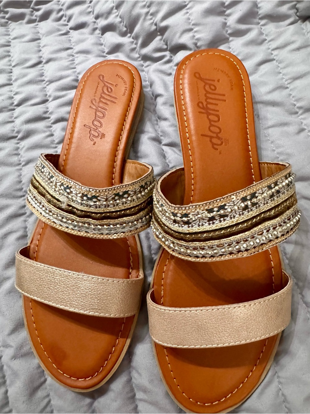 Jellypop Metallic Gold Beaded Double-Strap Slide Sandals